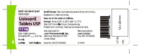 LISINOPRIL TABLETS USP
Rx Only
2.5 mg
NDC: <a href=/NDC/68180-512-01>68180-512-01</a>
							100 Tablets
