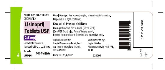 LISINOPRIL TABLETS USP
Rx Only
2.5 mg
NDC: <a href=/NDC/68180-512-01>68180-512-01</a>
							100 Tablets