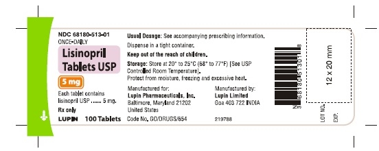 LISINOPRIL TABLETS USP
Rx Only
5 mg
NDC: <a href=/NDC/68180-513-01>68180-513-01</a>
							100 Tablets