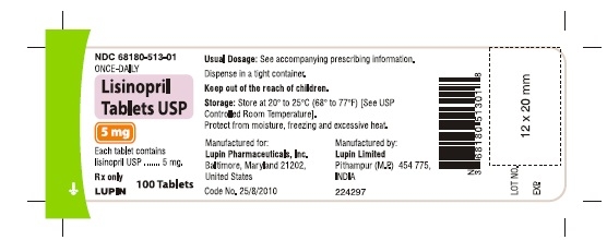 LISINOPRIL TABLETS USP
Rx Only
5 mg
NDC: <a href=/NDC/68180-513-01>68180-513-01</a>
							100 Tablets