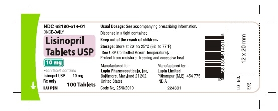 LISINOPRIL TABLETS USP
Rx Only
10 mg
NDC: <a href=/NDC/68180-514-01>68180-514-01</a>
							100 Tablets