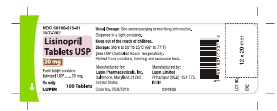 LISINOPRIL TABLETS USP
Rx Only
20 mg
NDC: <a href=/NDC/68180-515-01>68180-515-01</a>
							100 Tablets