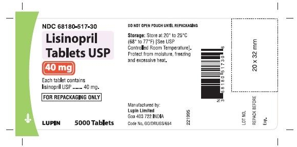 LISINOPRIL TABLETS USP
40 mg
NDC: <a href=/NDC/68180-517-30>68180-517-30</a>
							5000 Tablets Bulk Pouch for Repackaging