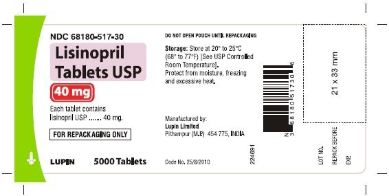 LISINOPRIL TABLETS USP
40 mg
NDC: <a href=/NDC/68180-517-30>68180-517-30</a>
							5000 Tablets Bulk Pouch for Repackaging