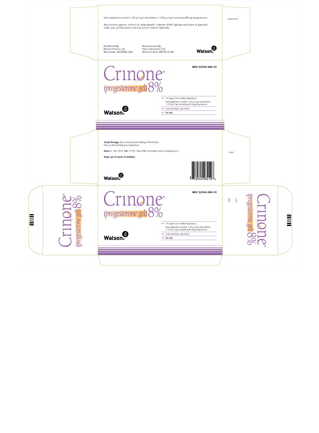 Crinone 8% (progesterone gel) Carton x 15 Single-Use Prefilled Applicators NDC: <a href=/NDC/52544-284-12>52544-284-12</a>