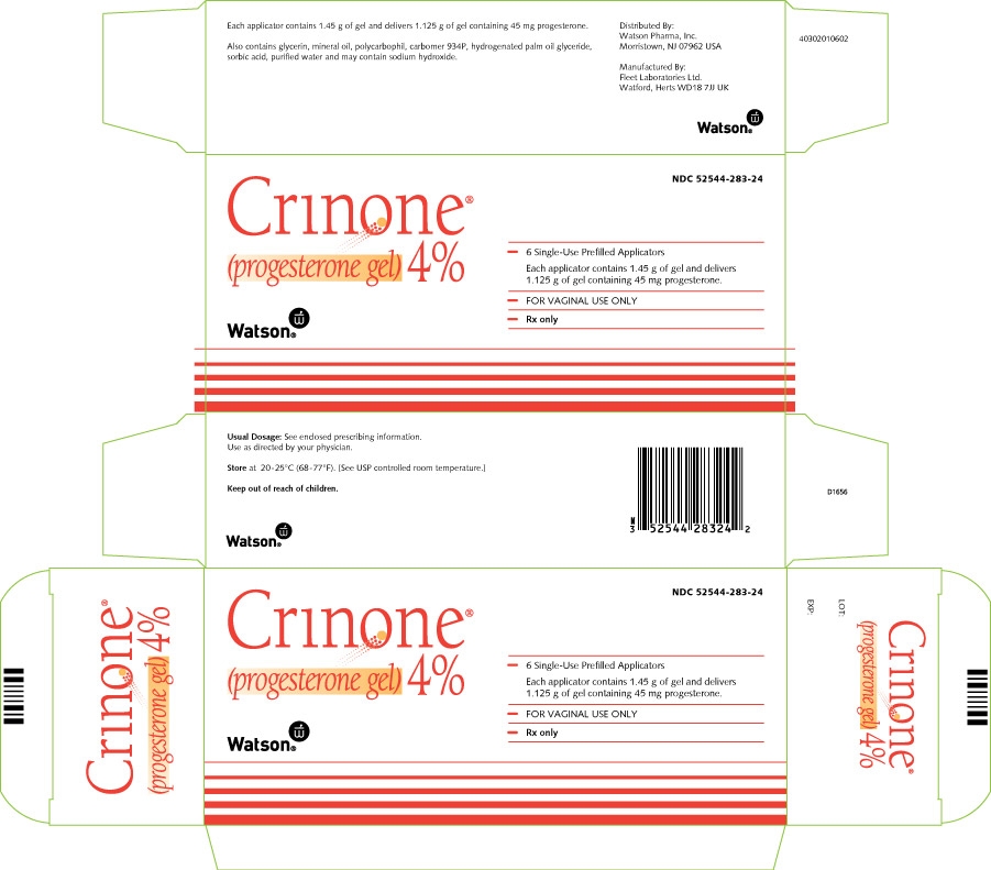 Crinone 4% (progesterone gel) Carton x 6 Single-Use Prefilled Applicators NDC: <a href=/NDC/52544-283-24>52544-283-24</a>