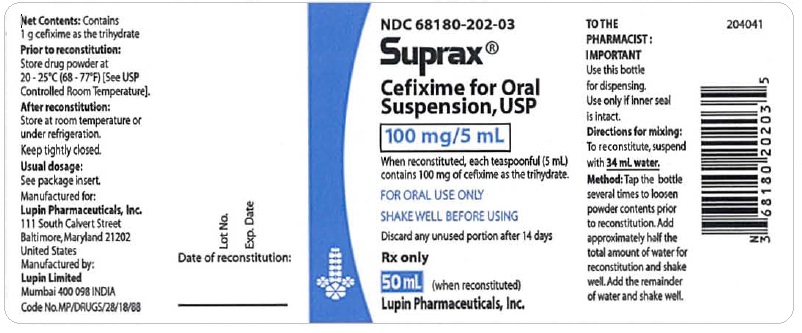 SUPRAX CEFIXIME FOR ORAL SUSPENSION USP
100 mg/5 mL
Rx only
						NDC: <a href=/NDC/68180-202-03>68180-202-03</a>: Bottle of 50 mL
