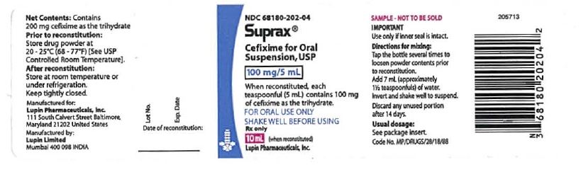 SUPRAX CEFIXIME FOR ORAL SUSPENSION USP
100 mg/5 mL
Rx only
						NDC: <a href=/NDC/68180-202-04>68180-202-04</a>: Bottle of 10 mL (Physician Sample Pack)