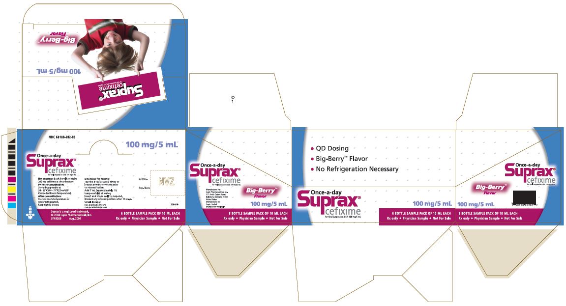 SUPRAX CEFIXIME FOR ORAL SUSPENSION USP
100 mg/5 mL
Rx only
						NDC: <a href=/NDC/68180-202-05>68180-202-05</a>: Carton for 10 mL x 6 Bottles (Physician Sample Pack