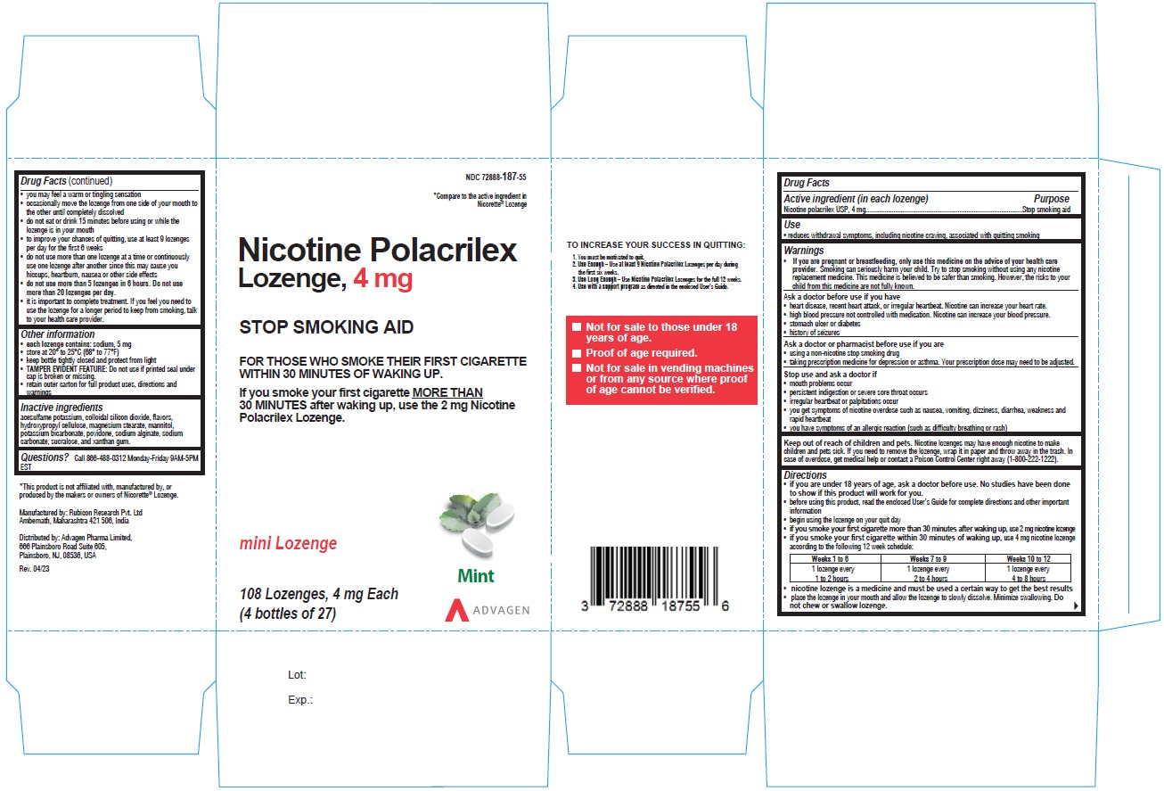 nicotine Polacrilex Lozenge, 4 mg - NDC: <a href=/NDC/72888-187-53>72888-187-53</a> - 108s Carton Label