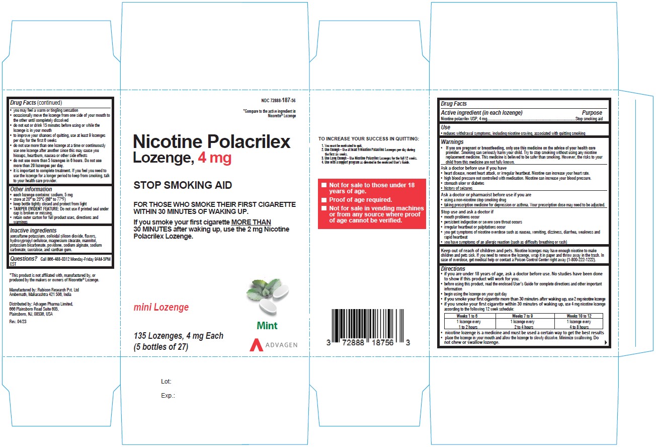 nicotine Polacrilex Lozenge, 4 mg - NDC: <a href=/NDC/72888-187-53>72888-187-53</a> - 135s Carton Label