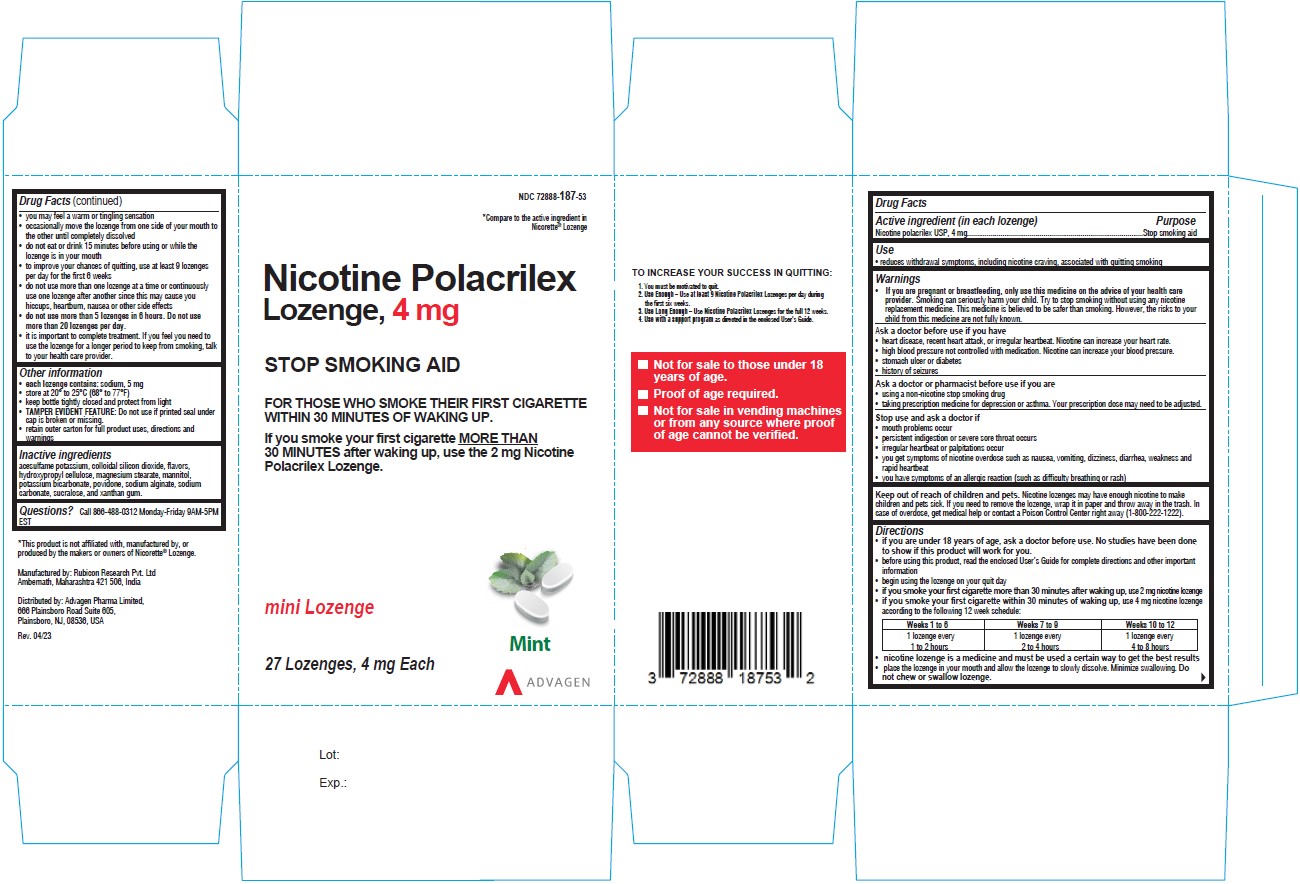 nicotine Polacrilex Lozenge, 4 mg - NDC: <a href=/NDC/72888-187-53>72888-187-53</a> - 27s Carton Label