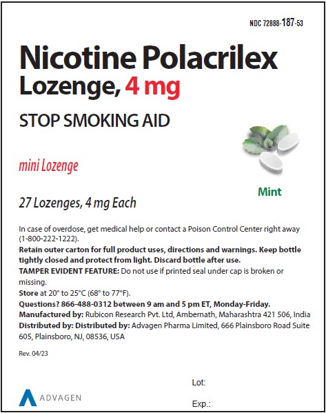 nicotine Polacrilex Lozenge, 4 mg - NDC: <a href=/NDC/72888-187-53>72888-187-53</a> - 27s Container Label