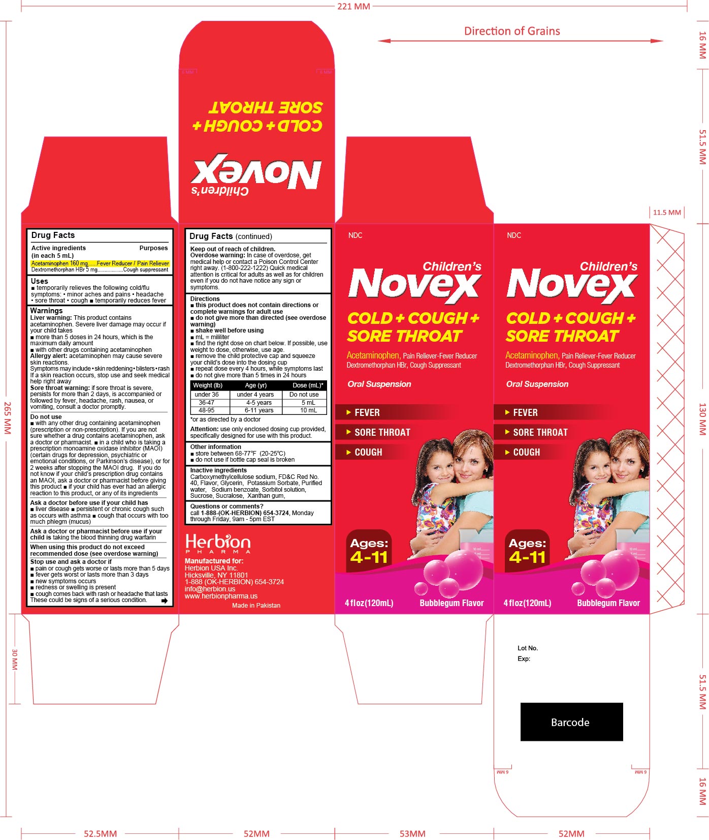 Childrens novex cold cough sore throat