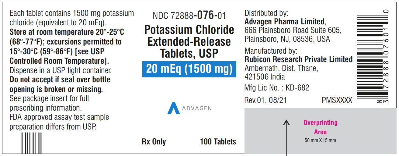 Potassium chloride extended-release tablets,USP 1500mg - NDC: <a href=/NDC/72888-076-01>72888-076-01</a> - 100s bottle label