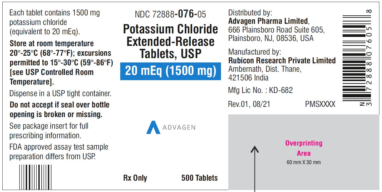 Potassium chloride extended-release tablets,USP 1500mg - NDC: <a href=/NDC/72888-076-05>72888-076-05</a> - 500s bottle label