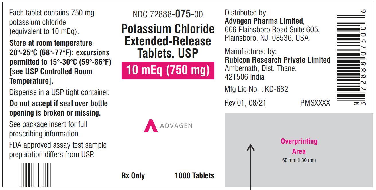 Potassium chloride extended-release tablets,USP 750mg - NDC: <a href=/NDC/72888-075-00>72888-075-00</a> - 1000s bottle label