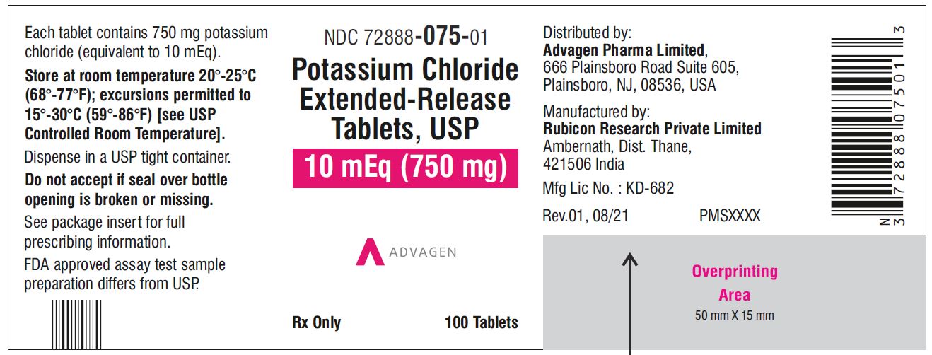 Potassium chloride extended-release tablets,USP 750mg - NDC: <a href=/NDC/72888-075-01>72888-075-01</a> - 100s bottle label