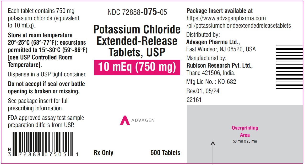 Potassium chloride extended-release tablets,USP 750mg - NDC: <a href=/NDC/72888-075-05>72888-075-05</a> - 500s bottle label