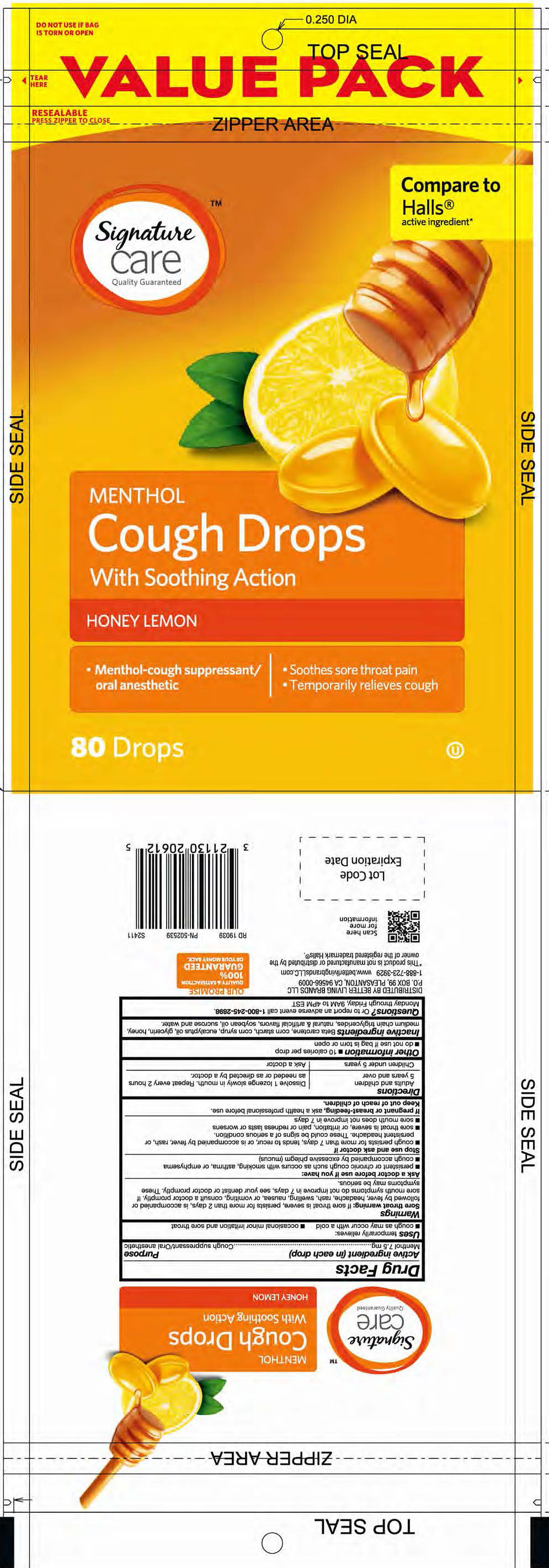 Signature Care Honey Lemon 80ct Cough Drops