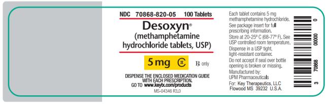 NDC: <a href=/NDC/70868-820-05>70868-820-05</a>
100 Tablets
Desoxyn
(methamphetamine 
hydrochloride tablets, USP)
5 mg
CII
Rx only 
