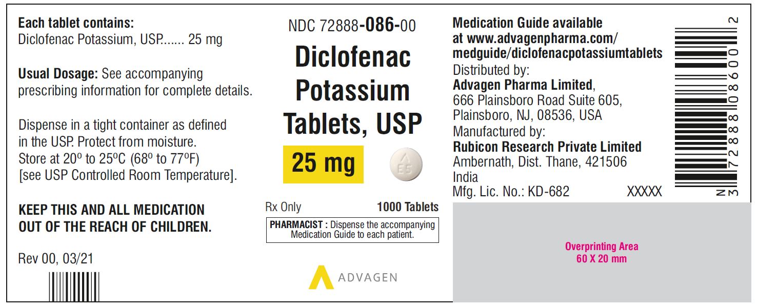 Diclofenac Potassium Tablets,USP 25 mg - NDC: <a href=/NDC/72888-086-00>72888-086-00</a>  - 1000 Tablets Bottle