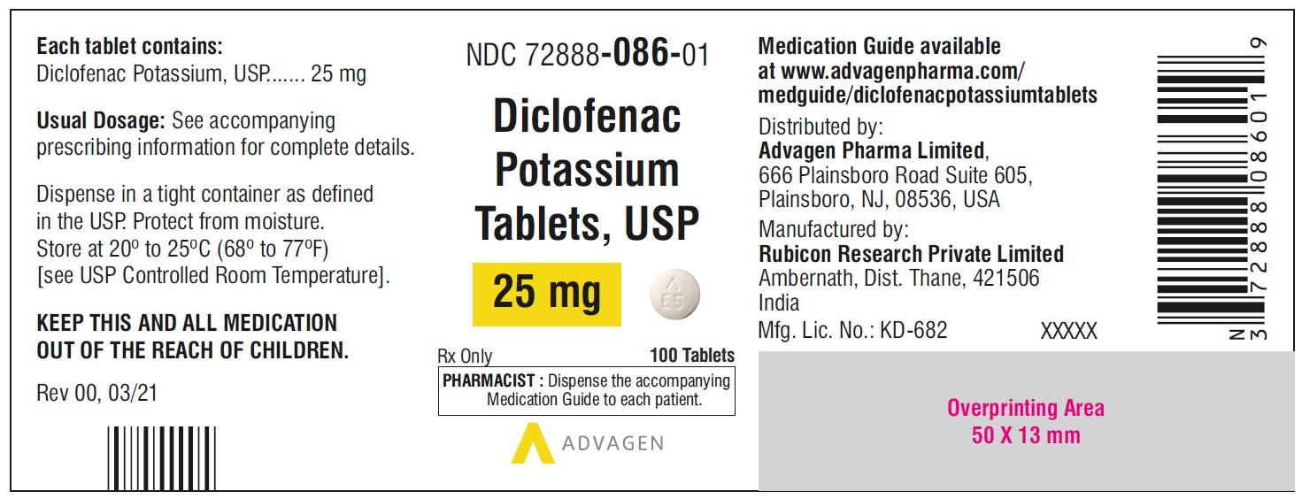 Diclofenac Potassium Tablets,USP 25 mg - NDC: <a href=/NDC/72888-086-01>72888-086-01</a>  - 100 Tablets Bottle