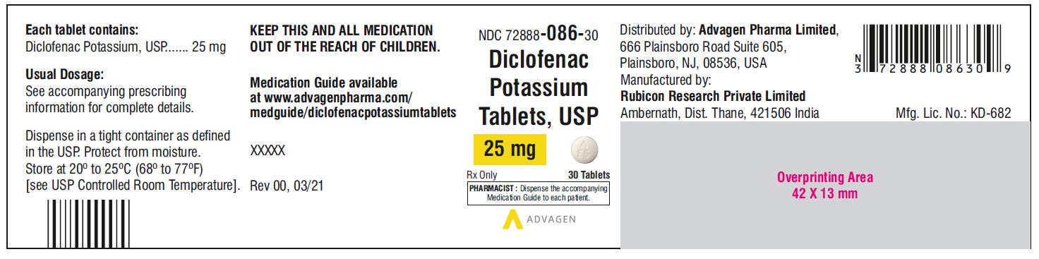 Diclofenac Potassium Tablets,USP 25 mg - NDC: <a href=/NDC/72888-086-30>72888-086-30</a>  - 30 Tablets Bottle