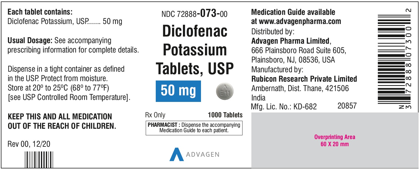 Diclofenac Potassium Tablets,USP 50 mg - NDC: <a href=/NDC/72888-073-00>72888-073-00</a>  - 1000 Tablets Bottle