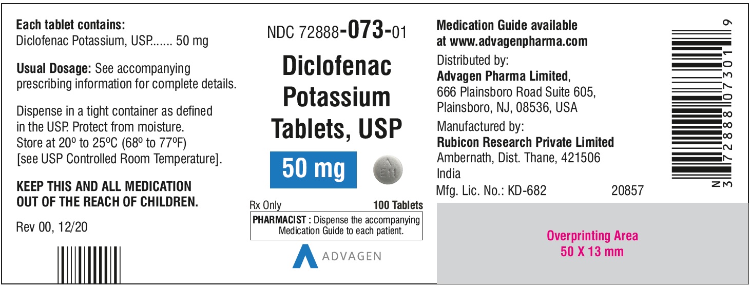 Diclofenac Potassium Tablets,USP 50 mg - NDC: <a href=/NDC/72888-073-01>72888-073-01</a>  - 100 Tablets Bottle