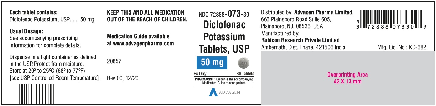 Diclofenac Potassium Tablets,USP 50 mg - NDC: <a href=/NDC/72888-073-30>72888-073-30</a>  - 30 Tablets Bottle