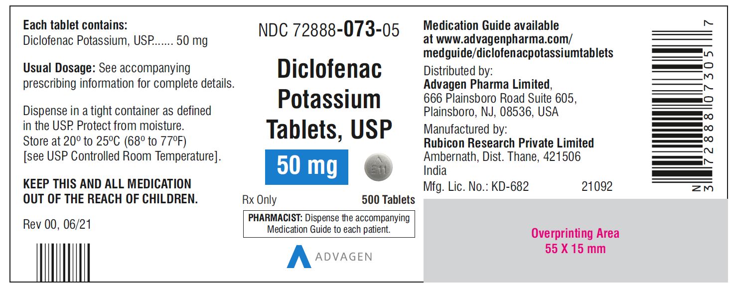 Diclofenac Potassium Tablets,USP 50 mg - NDC: <a href=/NDC/72888-073-05>72888-073-05</a>  - 500 Tablets Bottle