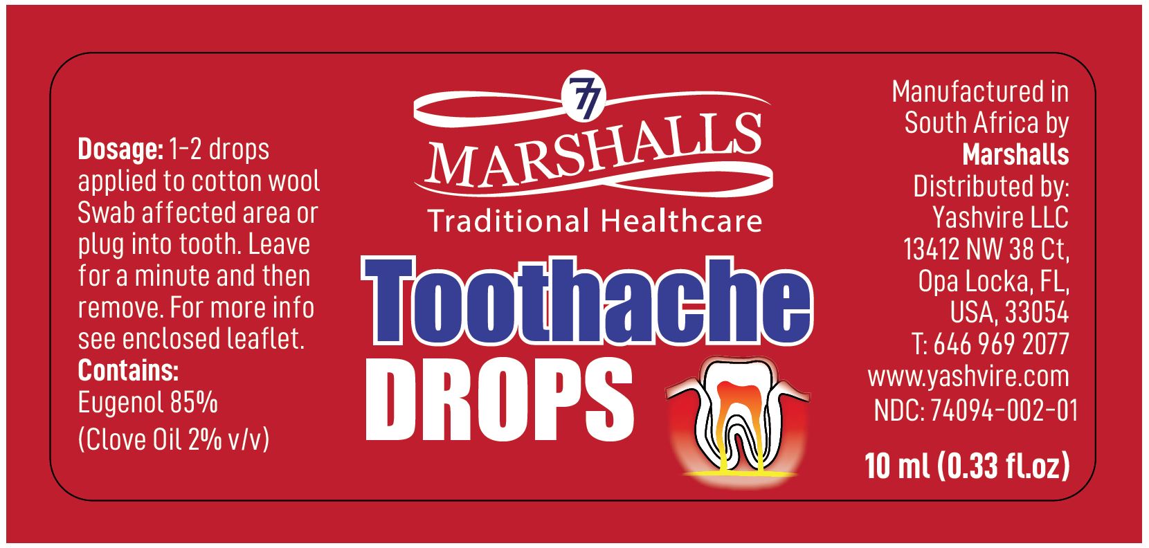 Marshall Toothache Drops - 10 ml (0.33 fl.oz) - NDC: <a href=/NDC/74094-002-01>74094-002-01</a> - Container