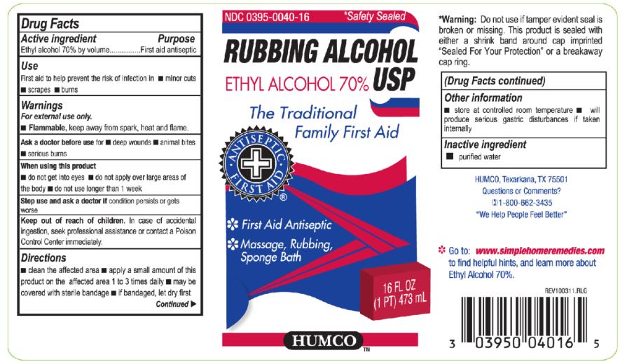 Principal Display Panel
NDC: <a href=/NDC/0395-0040-16>0395-0040-16</a>
RUBBING ALCOHOL
ETHYL ALCOHOL 70%
USP
First Aid Antiseptic
16 fl oz (1 pt) 473 mL
