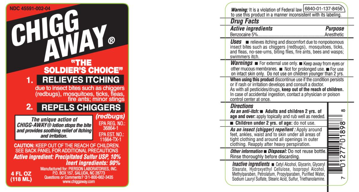 PRINCIPAL DISPLAY PANEL
NDC: <a href=/NDC/45591-002-04>45591-002-04</a>
CHIGG
AWAY
RELIEVES ITCHING
REPELS CHIGGERS
4 FL OZ
(118 ML)
