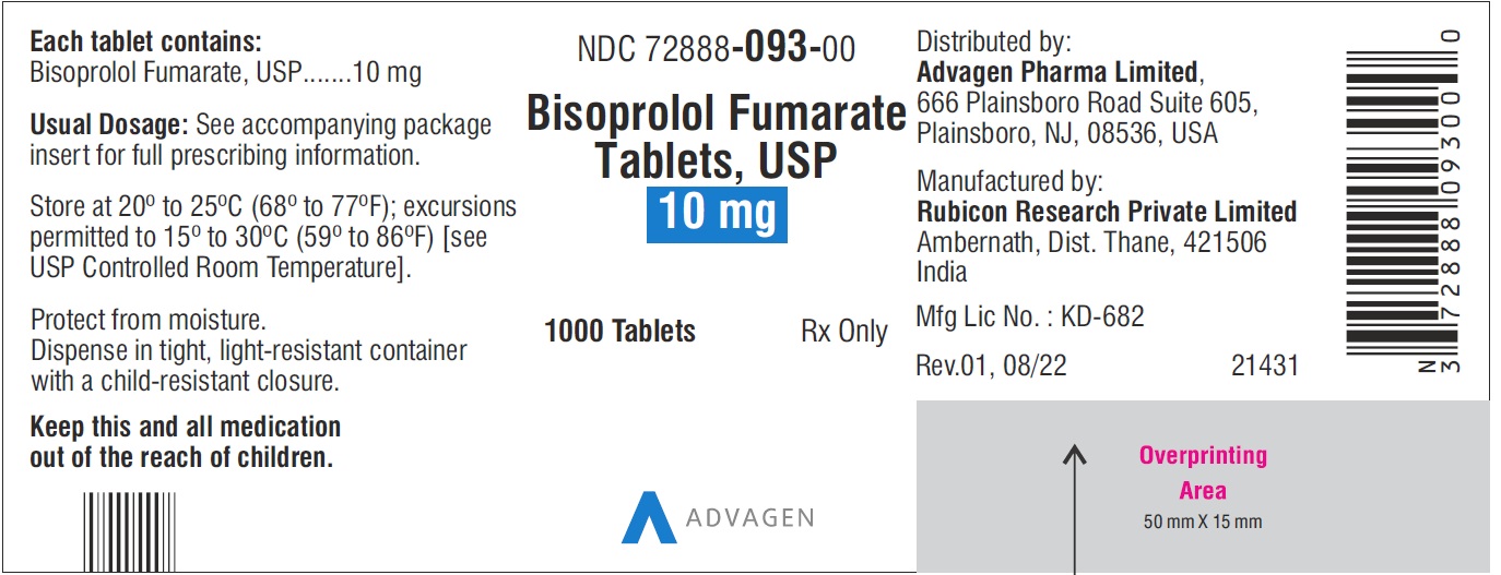 Bisoprolol Fumarate Tablets 10 mg - NDC: <a href=/NDC/72888-093-00>72888-093-00</a> - 1000 Tablets Label