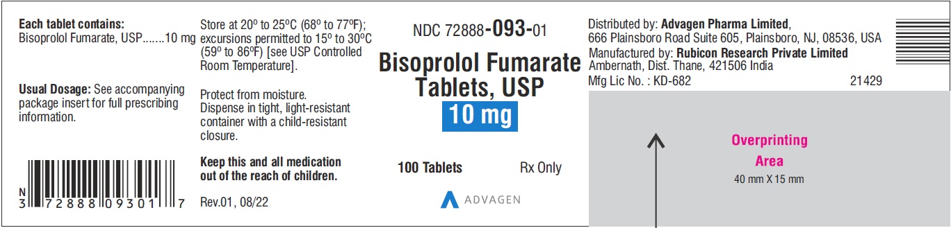 Bisoprolol Fumarate Tablets 10 mg - NDC: <a href=/NDC/72888-093-01>72888-093-01</a> - 100 Tablets Label