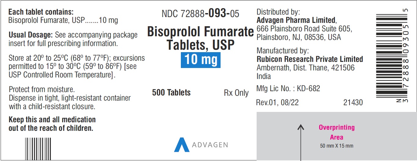 Bisoprolol Fumarate Tablets 10 mg - NDC: <a href=/NDC/72888-093-05>72888-093-05</a> - 500 Tablets Label