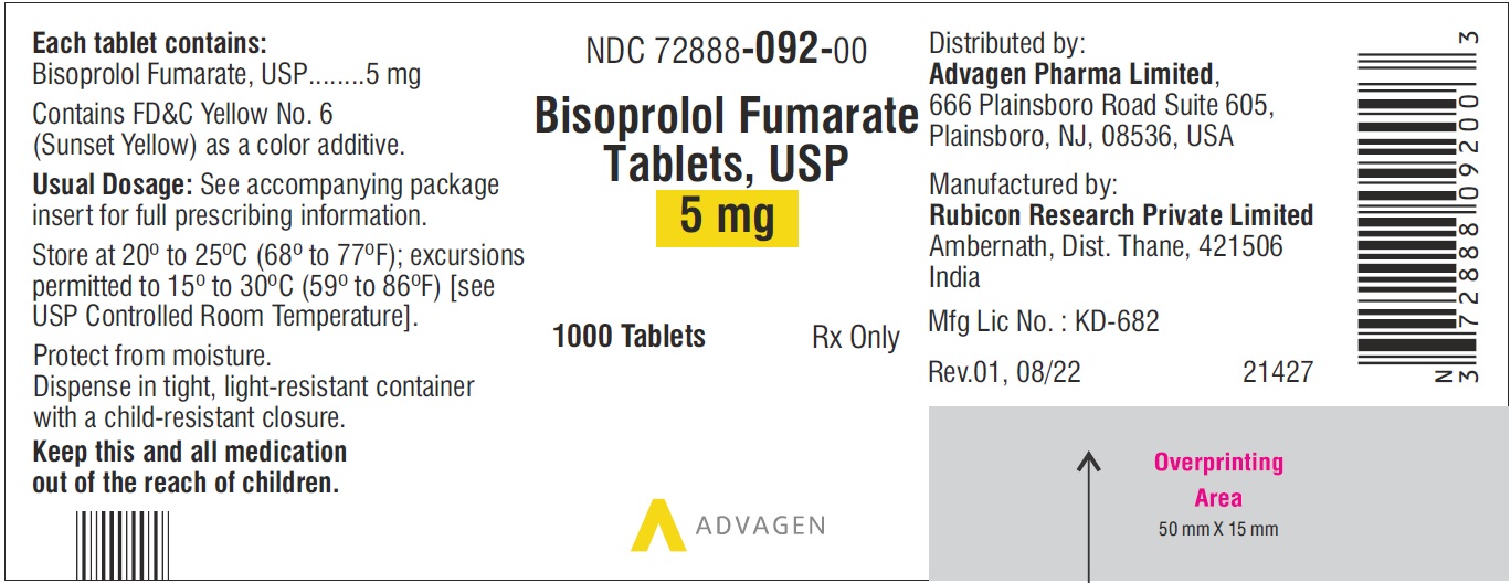 Bisoprolol Fumarate Tablets 10 mg - NDC: <a href=/NDC/72888-092-00>72888-092-00</a> - 1000 Tablets Label