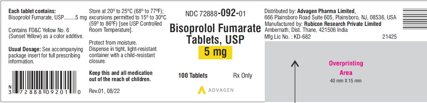 Bisoprolol Fumarate Tablets 5 mg - NDC: <a href=/NDC/72888-092-01>72888-092-01</a> - 100 Tablets Label