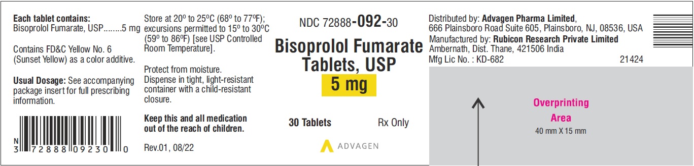 Bisoprolol Fumarate Tablets 5 mg - NDC: <a href=/NDC/72888-092-30>72888-092-30</a> - 30 Tablets Label