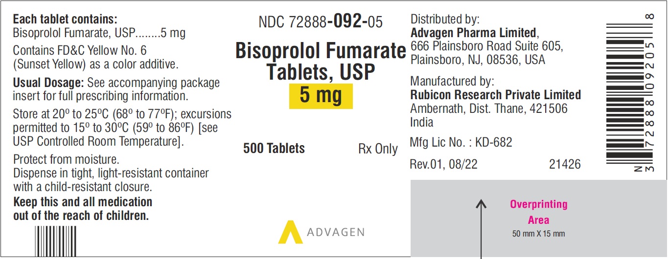 Bisoprolol Fumarate Tablets 5 mg - NDC: <a href=/NDC/72888-092-05>72888-092-05</a> - 500 Tablets Label