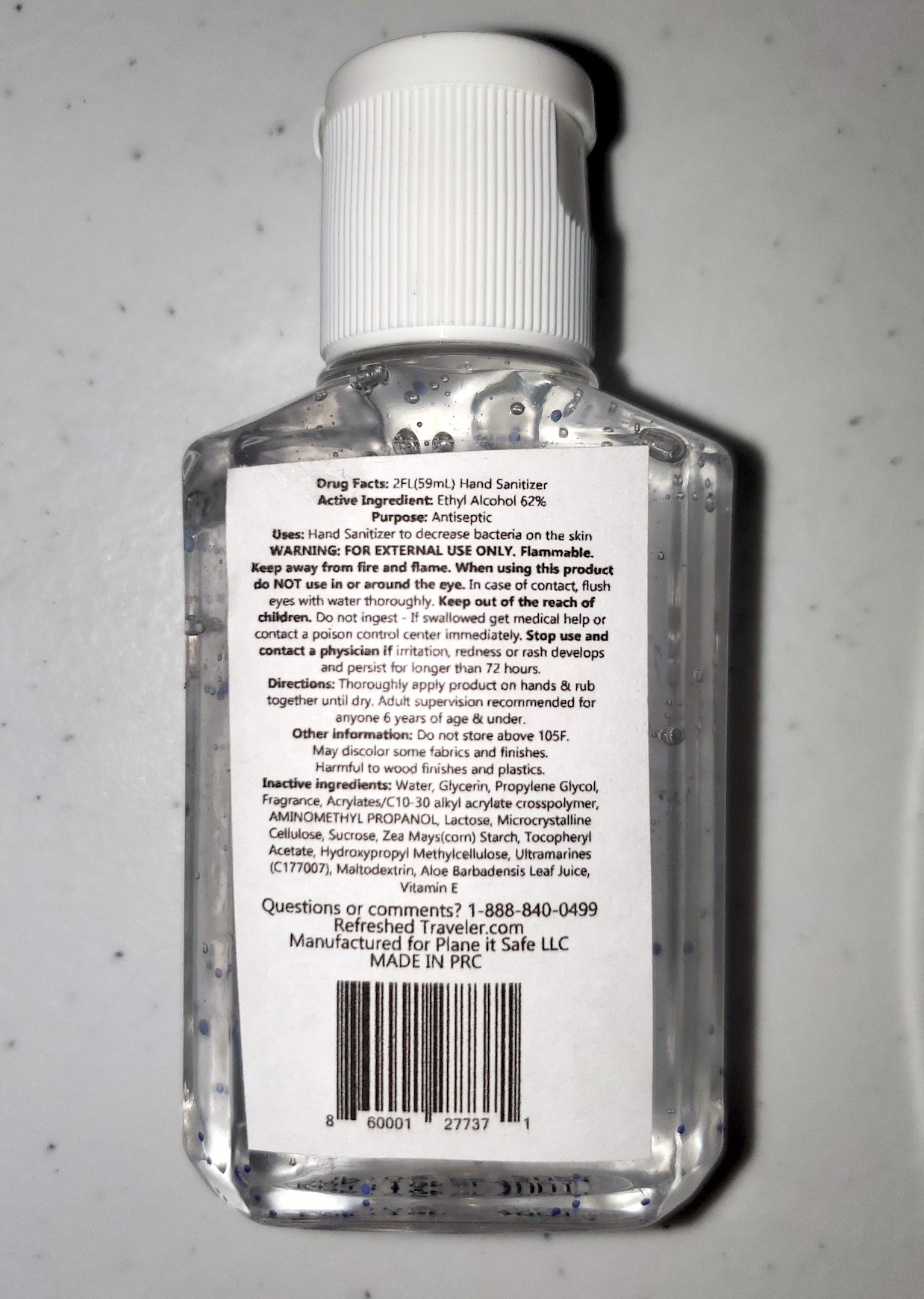 Refreshed Traveler Hand Sanitizer back label