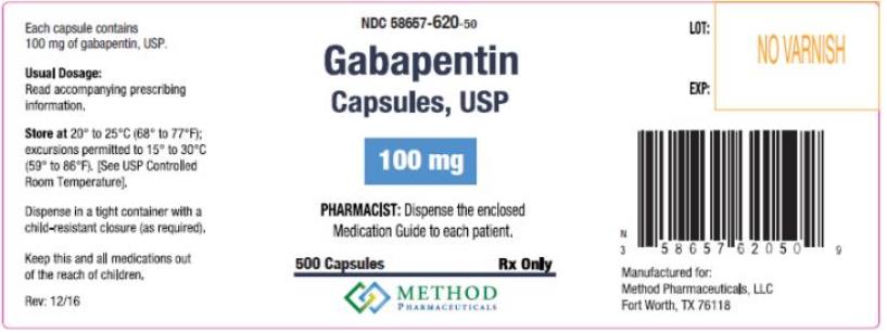PRINCIPAL DISPLAY PANEL
NDC: <a href=/NDC/58657-620-50>58657-620-50</a>
Gabapentin
Capsules, USP
100 mg
500 Capsules 
Rx Only

