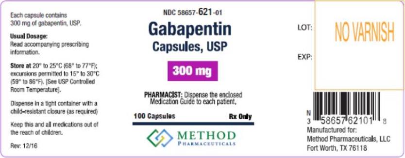 PRINCIPAL DISPLAY PANEL
NDC: <a href=/NDC/58657-621-01>58657-621-01</a>
Gabapentin
Capsules, USP
300 mg
100 Capsules 
Rx Only
