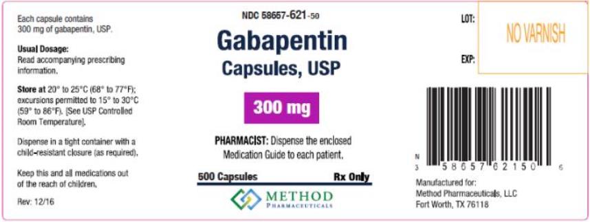 PRINCIPAL DISPLAY PANEL
NDC: <a href=/NDC/58657-621-50>58657-621-50</a>
Gabapentin
Capsules, USP
300 mg
500 Capsules 
Rx Only

