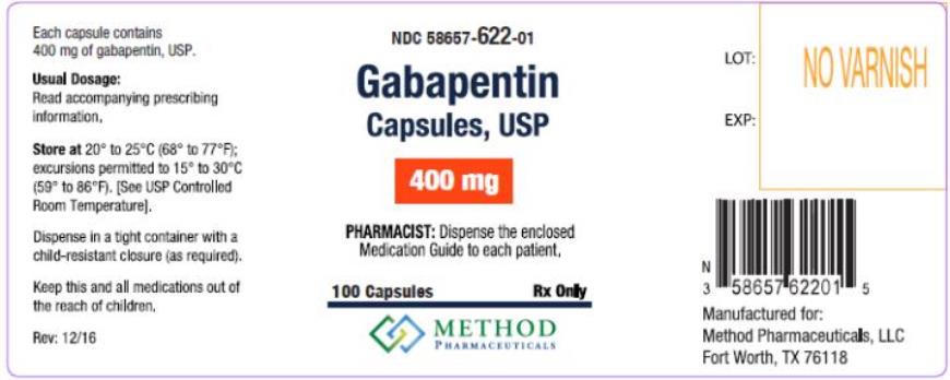 PRINCIPAL DISPLAY PANEL
NDC: <a href=/NDC/58657-622-01>58657-622-01</a>
Gabapentin
Capsules, USP
400 mg
100 Capsules 
Rx Only
