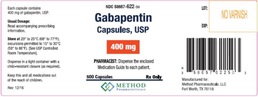 PRINCIPAL DISPLAY PANEL
NDC: <a href=/NDC/58657-622-50>58657-622-50</a>
Gabapentin
Capsules, USP
400 mg
500 Capsules 
Rx Only
