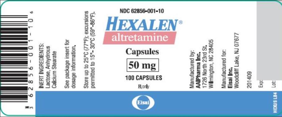 PRINCIPAL DISPLAY PANEL
NDC: <a href=/NDC/62856-001-10>62856-001-10</a>
HEXALEN
altretamine
Capsules
50 mg
100 Capsules
Rx Only
