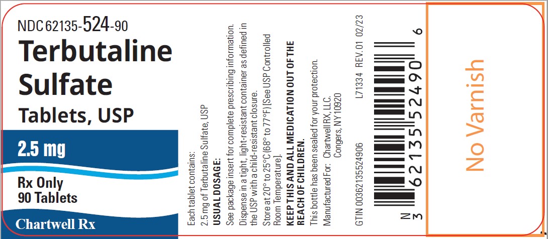 Terbutaline sulfate Tablets, USP 2.5 mg- NDC: <a href=/NDC/62135-524-90>62135-524-90</a> - 90 Tablets label